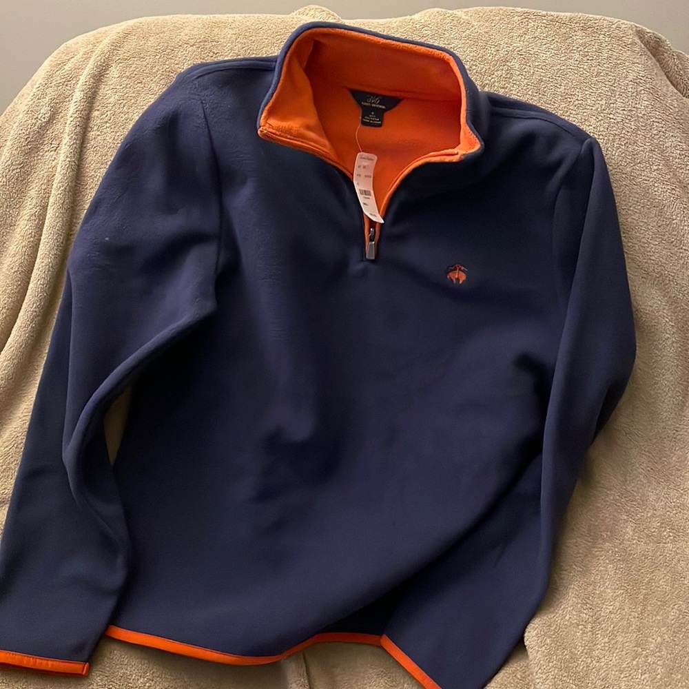 Men’s Brooks Brothers quarter zip fleece. Navy with orange trim.